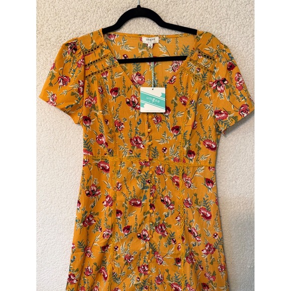 Umgee Floral Midi Dress Women Size M Mustard Yellow Boho Crochet Cottagecore - Picture 2 of 10